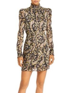 Aqua Paisley High-Neck Long-Sleeve Mini Dress in Black and Cream